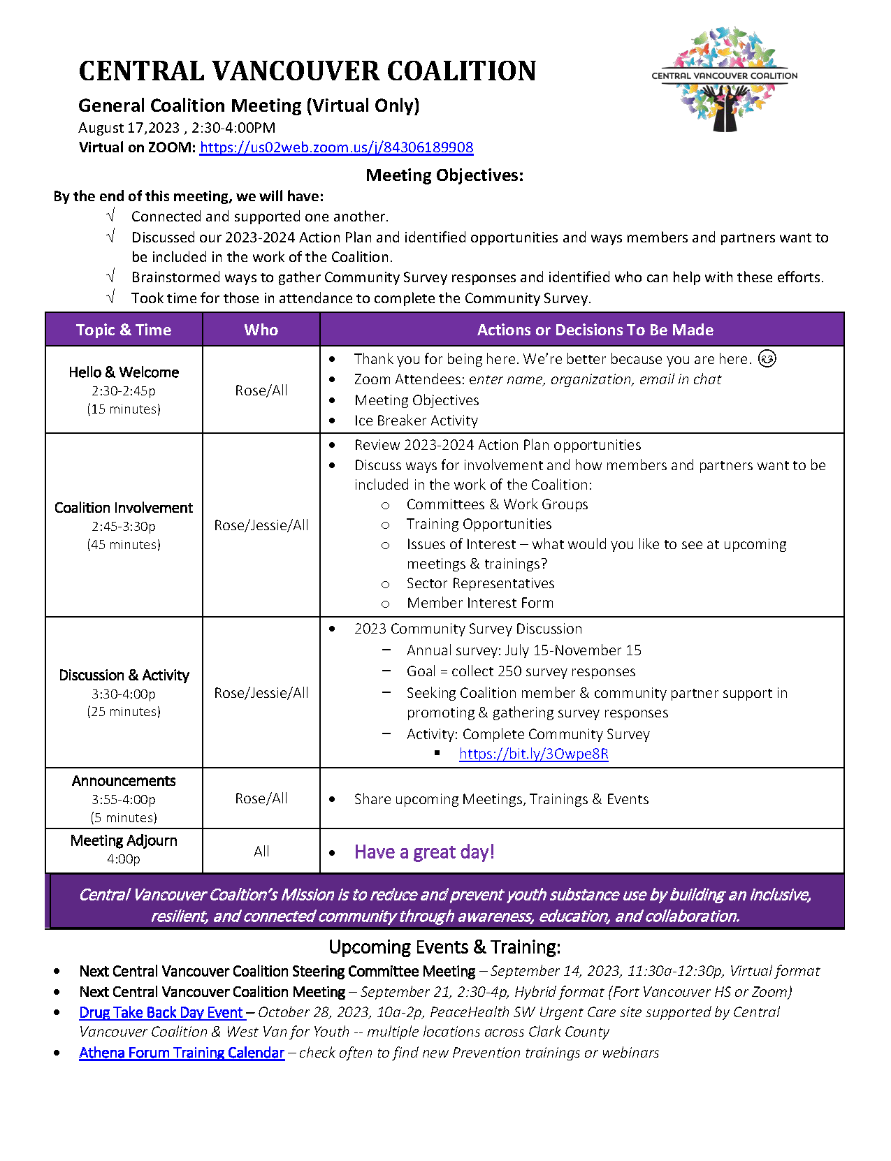 Central Vancouver Coalition 8/17 Meeting Agenda