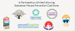 Photo includes sponsor logos for 6 youth substance misuse prevention coalitions
